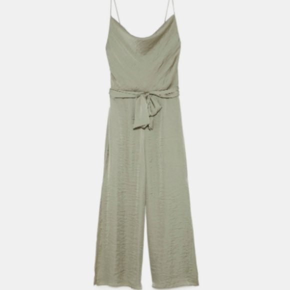 zara green satin jumpsuit